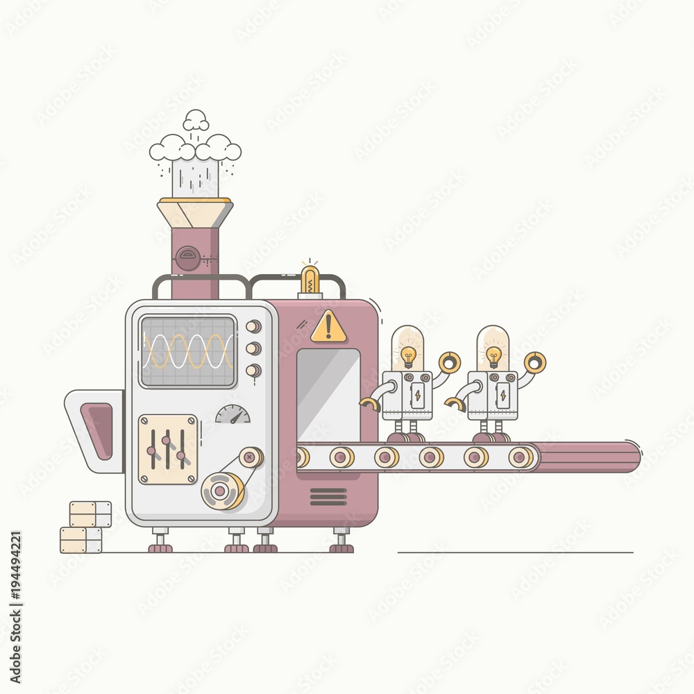 Naklejka premium Robotic arm mechanic equipment assembling robots on factory concept vector illustration