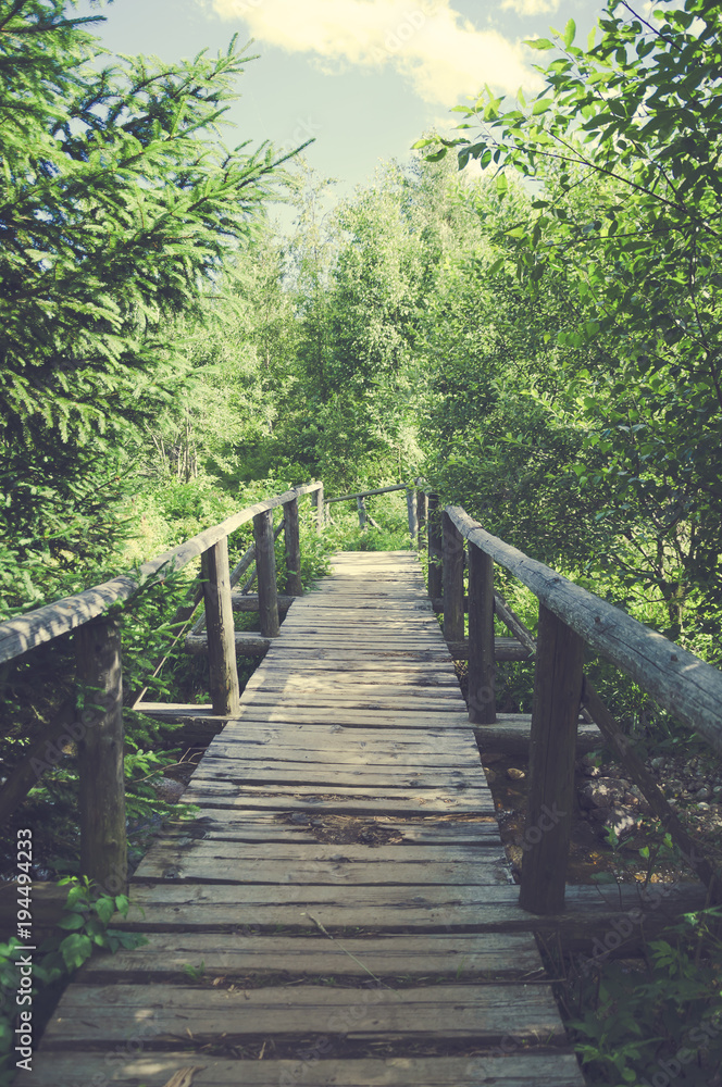 Old wooden bridge in a beautiful garden, springtime. Retro filter. Old wooden bridge in a beautiful garden, springtime. Retro filter.