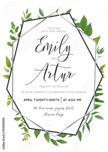 Wedding floral watercolor style botanical invite, invitation save the date card design with forest greenery herbs, vine leaves, ferns and luxury silver, gray geometrical frame. Elegant editable vector