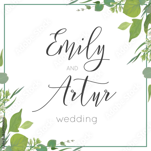 Wedding invitation, invite, save the date card design. Green watercolor style eucalyptus leaves, white lilac flowers, greenery herbs mix frame, border. Beautifu,l botanical, hand drawn rustic template