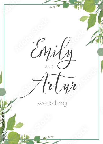 Botanical, watercolor style wedding invitation, invite, save the date card floral design with Green eucalyptus leaves, white lilac flowers, greenery herbs mix frame, border. Beautiful, rustic template