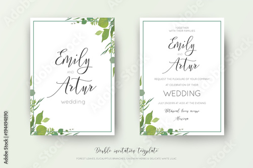 Wedding floral watercolor style double invite, save the date card design. Forest greenery herbs, leaves, eucalyptus branches, white tiny lilac flowers. Vector, organic, botanical, elegant art template