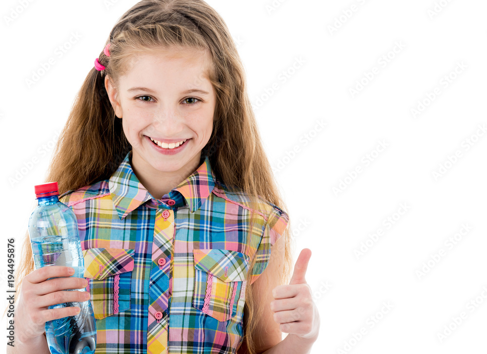 Little girl with bottle of water showing ok sign Little girl with bottle of water showing ok sign
