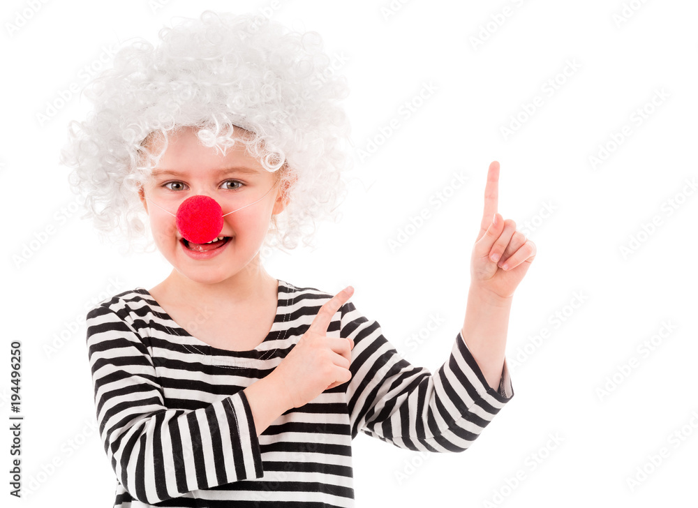 Smiling girl in white wig and pointing up Smiling girl in white wig and pointing up