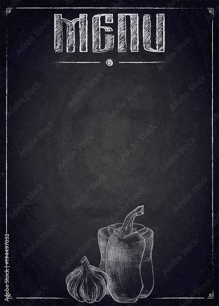 Menu of restaurant with hand drawn vegetables on black chalkboard