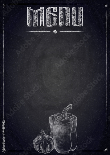 Menu of restaurant with hand drawn vegetables on black chalkboard background