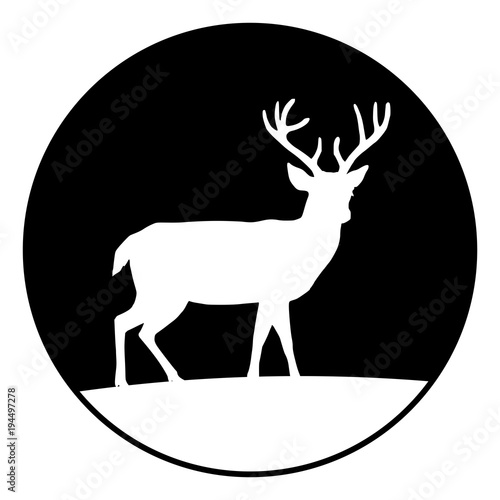 Circular  monochrome deer silhouette on a hill icon. Isolated on white