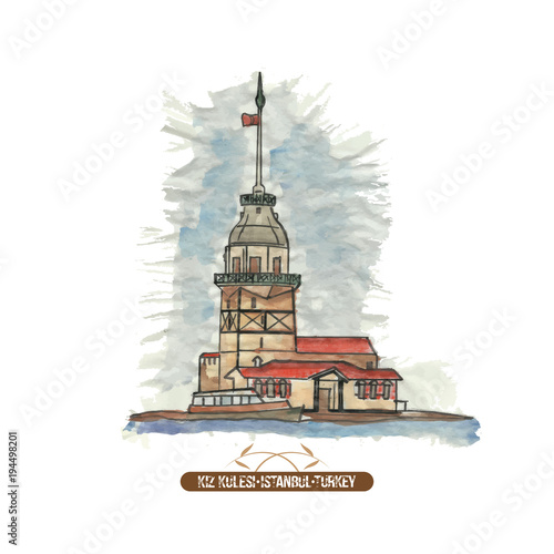 The Maiden's Tower (Kiz Kulesi). Hand drawn illustration.