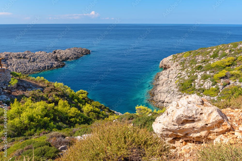 View of bay with crystal sea water next to Korakonisi Island on western side of Zakynthos. Zante, Greece