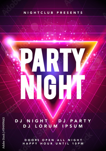 Vector illustration dance party poster background template with glow, lines, highlight and modern geometric shapes in pink and blue colors. Music event flyer or abstract banner 