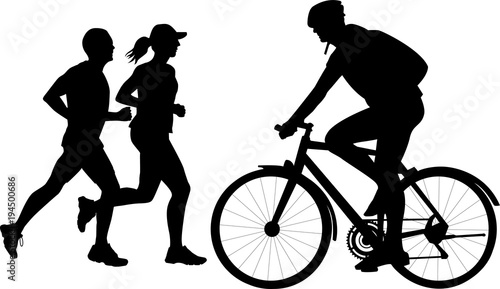 Silhouette of a cyclist and running people men and woman vector illustration