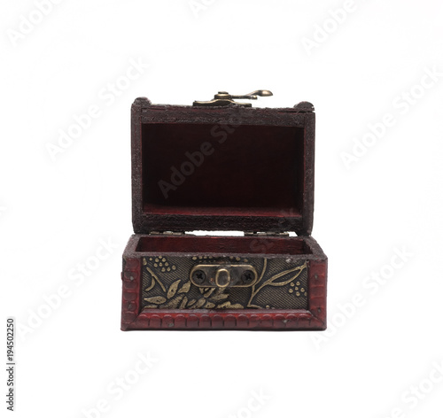 Open empty treasure chest isolated on white background. The crate. Gift box.