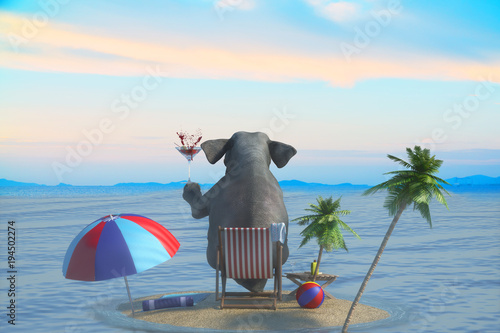 Photography 3D Illustration of a elephant sits on the beach overlooking the resort and the s