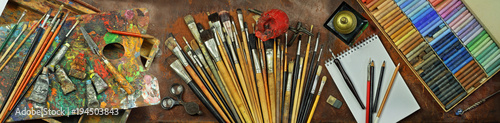 Panorama still life with artist's tools