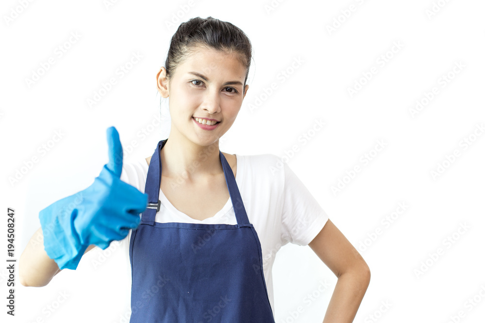Beautiful smiling asian maid. Female cleaner on white background. House cleaning service concept. Beautiful smiling asian maid. Female cleaner on white background. House cleaning service concept.