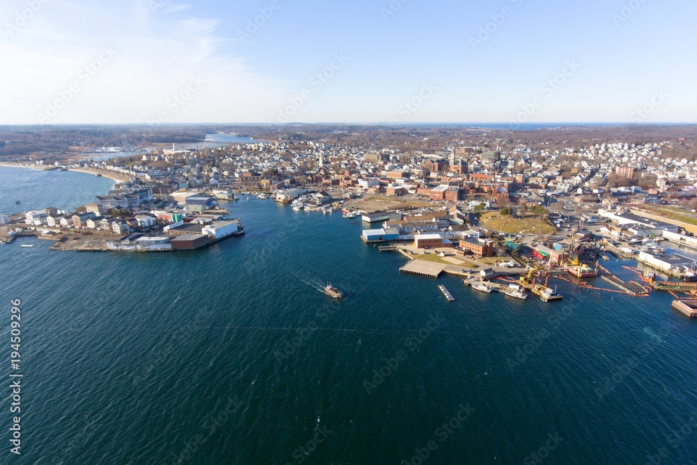 Aerial view of Gloucester City and Gloucester Harbor, Cape Ann, Massachusetts, USA.