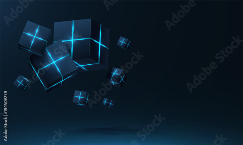Vector realistic 3d cubes with neon parts compose on dark space background