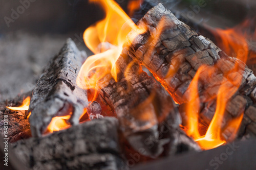 Fire with charcoals. Burning wood. Macro. Live flames with smoke. Wood with flame for barbecue and cooking bbq. Bright color. Orange