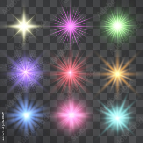 Glowing set of bright vector spotlight effect, soffit, projector rays. Decorative sparkling stars illumination. Warm shining sources. Sheeny highlight design details on transparent background.