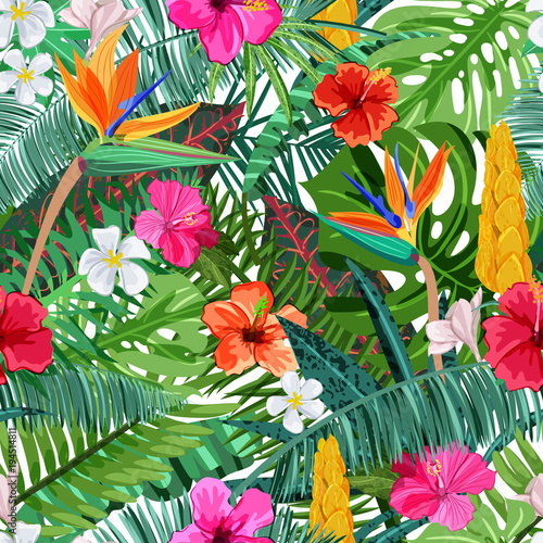 Tropical seamless pattern with flowers hibiscus, plumeria, strelitzia and pal...