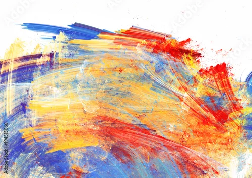 Obraz Jasne plamy artystyczne na białym tle. Malarstwo abstrakcyjne kolor tekstury. Nowoczesny futurystyczny wzór. Dynamiczne tło wielokolorowe. Fraktalna grafika do kreatywnego projektowania graficznego.