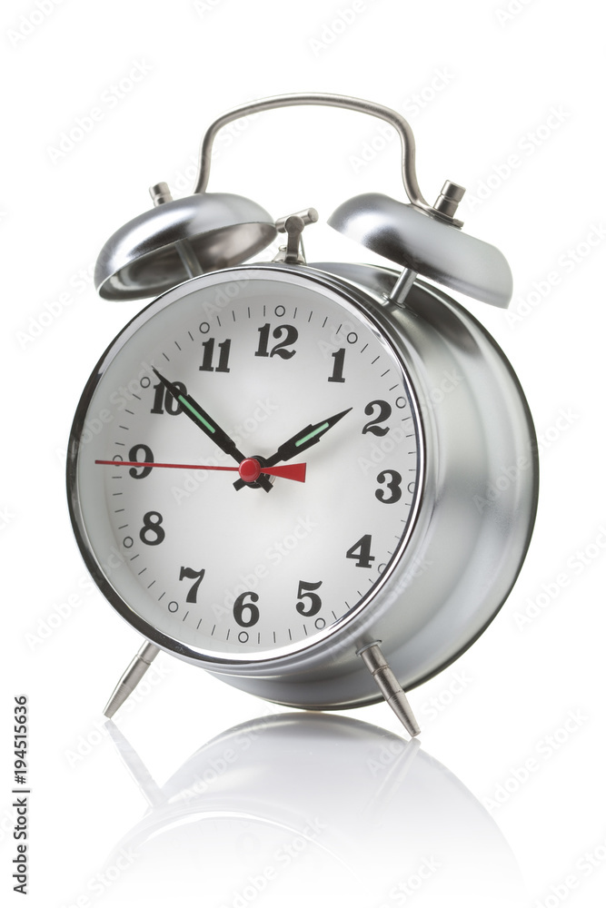 Silver alarm clock isolated on white background Silver alarm clock isolated on white background