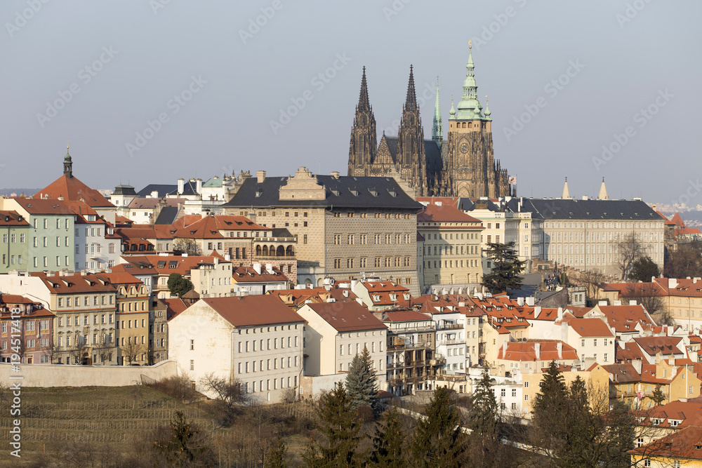 Sunny freezy winter Prague City with gothic Castle, Czech Republic