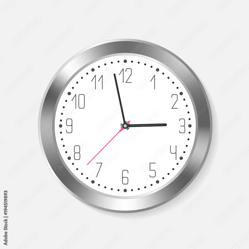 Clock hanging on the office wall isolated on white background. Metallic aluminum stylized frame made in modern laconic design. Suits for time management, deadline and planning concept ideas. Clock hanging on the office wall isolated on white background. Metallic aluminum stylized frame made in modern laconic design. Suits for time management, deadline and planning concept ideas.