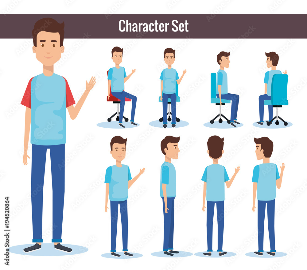 businessmen posing on office chair and stand vector illustration design