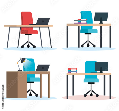 office workplaces scenes icons vector illustration design