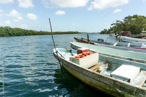 Fototapeta Naklejka Na Ścianę i Meble -  Boats on the shoreline of Mango Creek in Belize