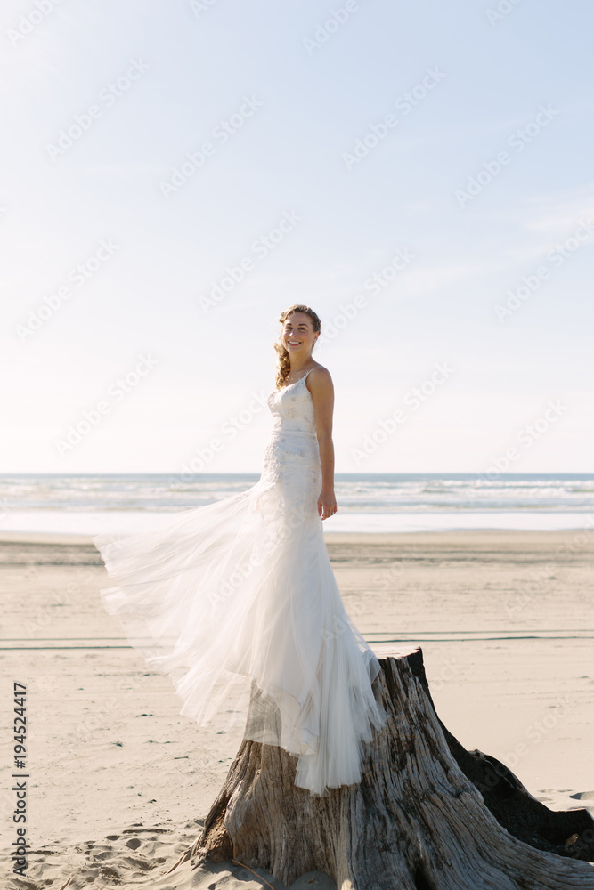 Bride Standing on Stump at Pacific Ocean Bride Standing on Stump at Pacific Ocean