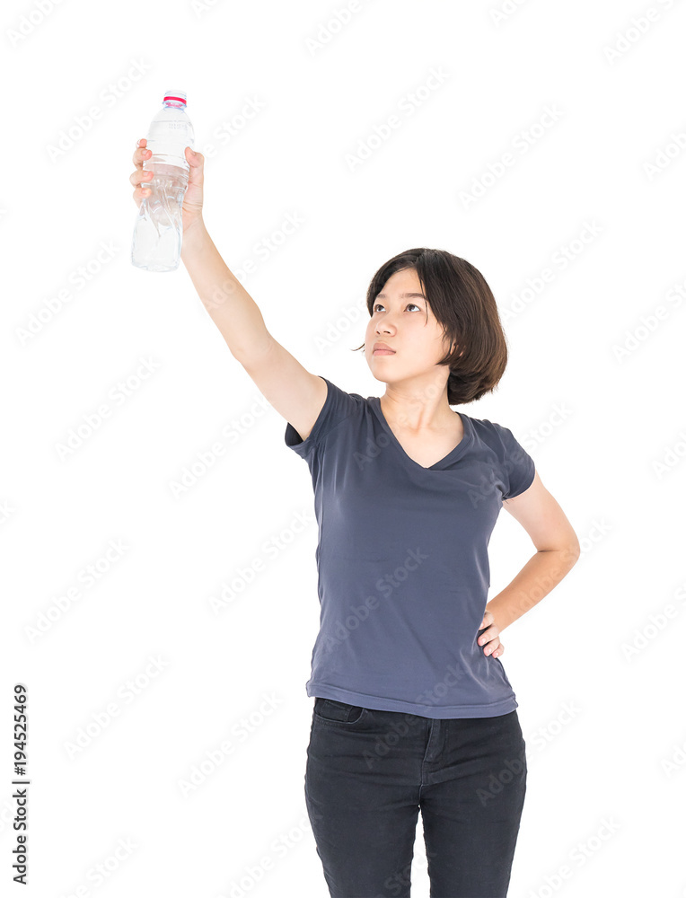 Asian woman hold bottled water on white Asian woman hold bottled water on white