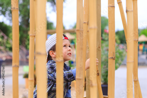 Lovely and joyful 3 year old kid in the behind of the bamboo sticks. Awesome boy playing on modern asian playground. Curious child wearing reversed cap has fun in exotic playground landscape. 
