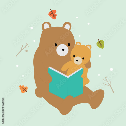 Cartoon cute brown bears mother and baby reading tale in spring background vector.