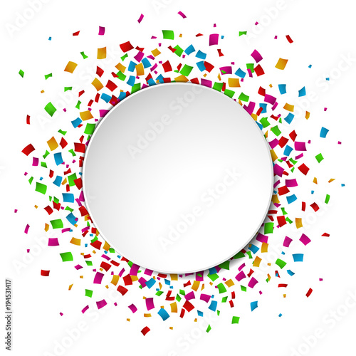 Colorful Confetti round banner with place for text on white background