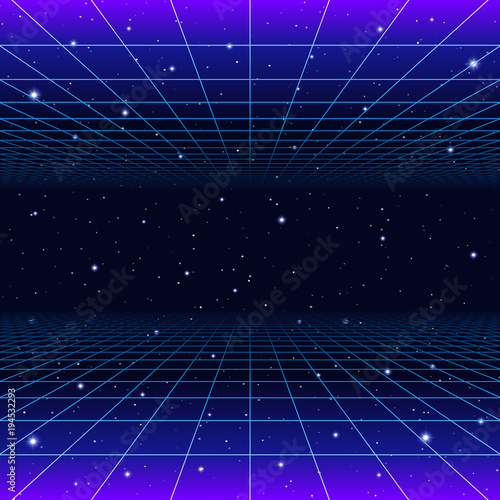 Foto Retro neon background with 80s styled laser grid and stars