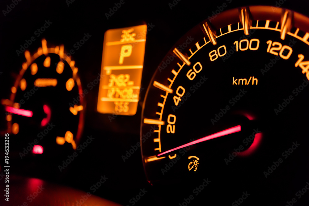 Car dashboard feature speedometer at stop state with transmission in P
