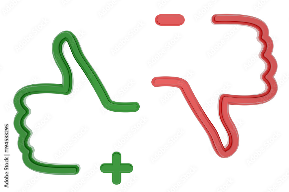 Like and Dislike icons with simbols PLUS and MINUS. Green and red colors. 3D render. Isolated on white. Like and Dislike icons with simbols PLUS and MINUS. Green and red colors. 3D render. Isolated on white.
