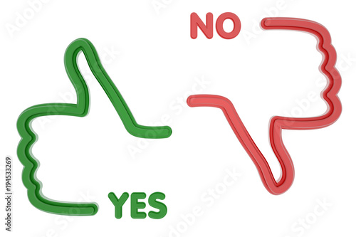 Like and Dislike icons with words YES and NO. Green and red colors. 3D render. Isolated on white.