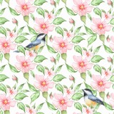Spring flowers and birds. Hand drawn watercolor floral seamless pattern 6