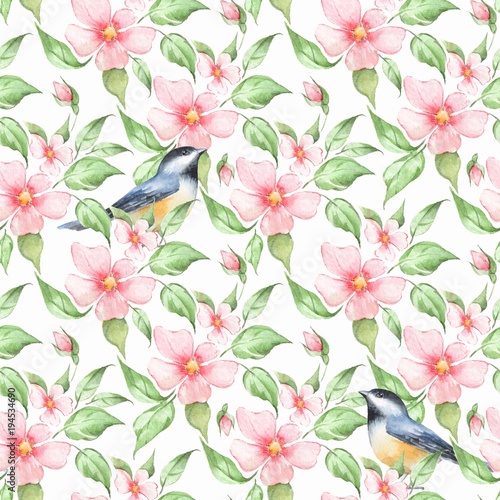 Spring flowers and birds. Hand drawn watercolor floral seamless pattern 6 © Gribanessa