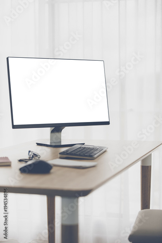 Workspace background with desktop pc and office accessories .