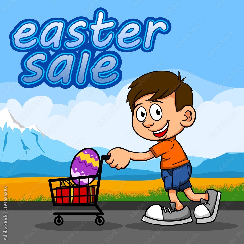 boy shopping easter egg at easter sale with sky background boy shopping easter egg at easter sale with sky background