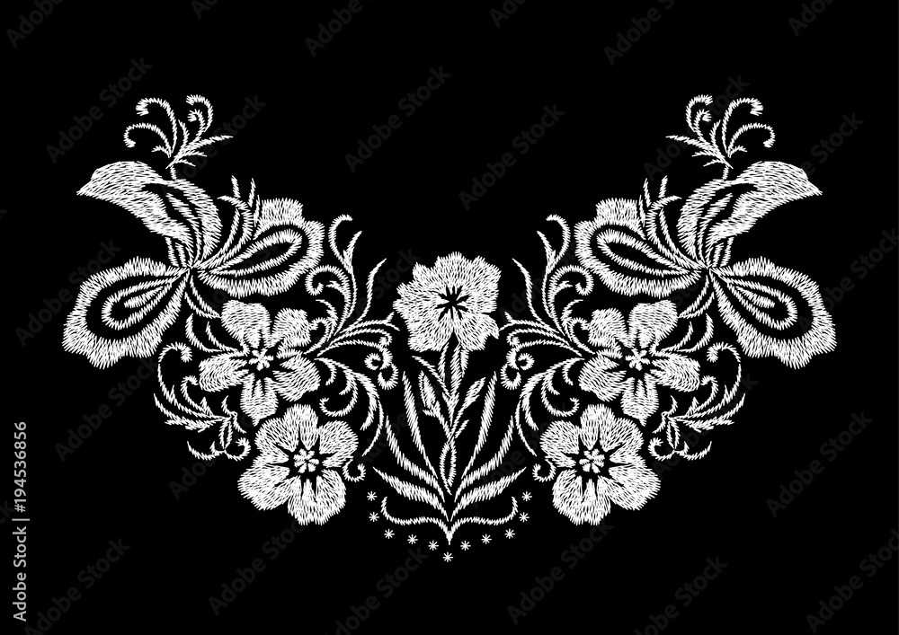 abstract white embroidery flower pattern design for the collar Tshirt