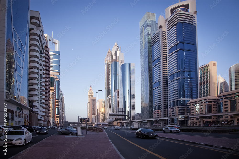 DUBAI, UAE - FEBRUARY 2018: Skyscrapers  in Dubai Downtown, the fastest growing city in the world