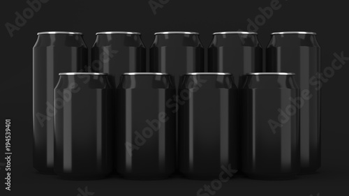  Black soda cans standing in two raws on black background