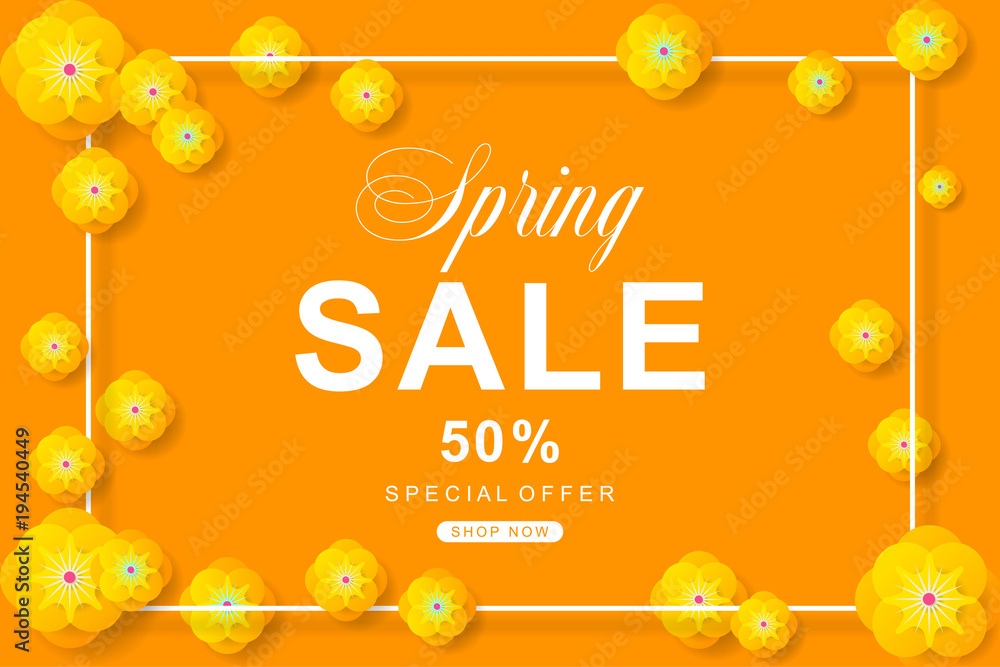 Spring Sale poster with flower decoration. For Sale discount, Web Promotion, Poster Banner Background, Sign and symbol. Luxury unique style, yellow color, Vector illustration Spring Sale poster with flower decoration. For Sale discount, Web Promotion, Poster Banner Background, Sign and symbol. Luxury unique style, yellow color, Vector illustration