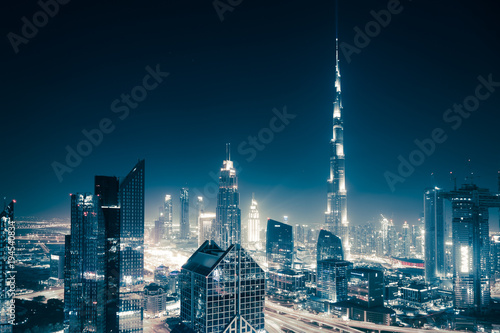 Fotografie, Obraz DUBAI, UAE - FEBRUARY 2018: Dubai skyline at sunset with Burj Khalifa, the world