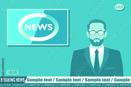 Anchorman on tv broadcast news. Breaking News vector illustration. Media on television concept.